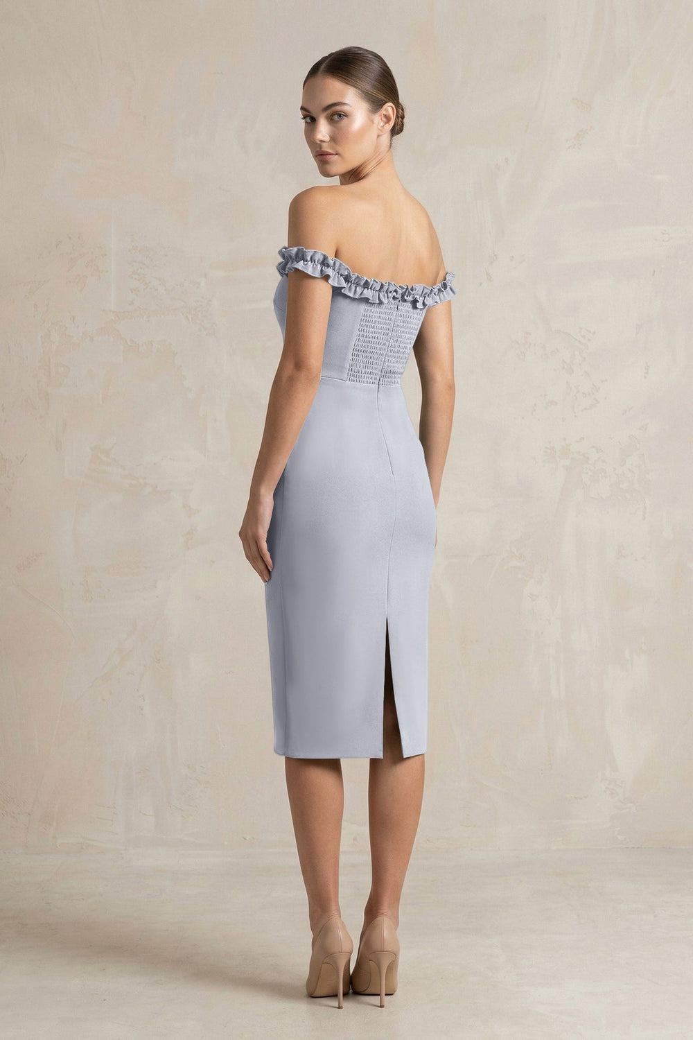Off - the - Shoulder Sheath Ruffled Midi Bridesmaid Dress in Silver - KissProm Bridesmaid Dresses