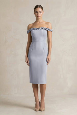 Off - the - Shoulder Sheath Ruffled Midi Bridesmaid Dress in Silver - KissProm Bridesmaid Dresses