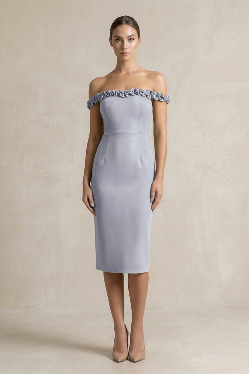 Off - the - Shoulder Sheath Ruffled Midi Bridesmaid Dress in Silver - KissProm Bridesmaid Dresses