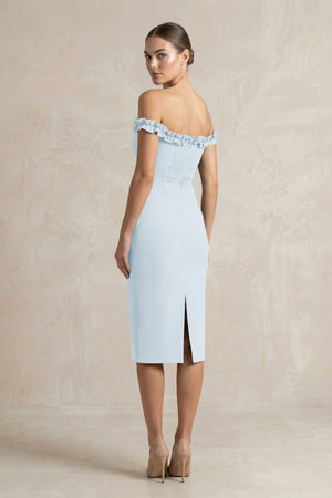Off - the - Shoulder Sheath Ruffled Midi Bridesmaid Dress in Sky Blue - KissProm Bridesmaid Dresses