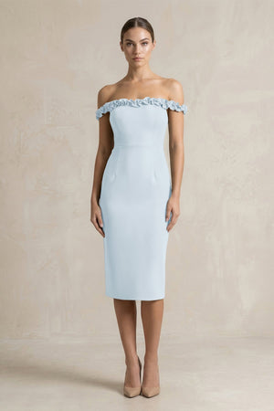 Off - the - Shoulder Sheath Ruffled Midi Bridesmaid Dress in Sky Blue - KissProm Bridesmaid Dresses
