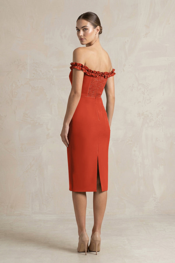 Off - the - Shoulder Sheath Ruffled Midi Bridesmaid Dress in Spice - KissProm Bridesmaid Dresses