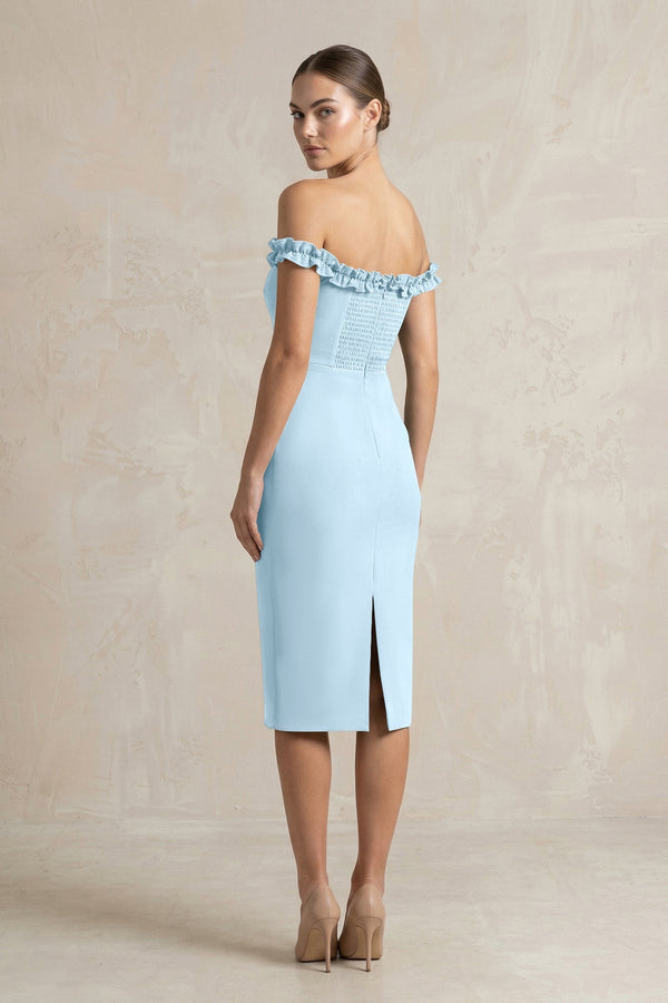 Off-the-Shoulder Sheath Ruffled Midi Bridesmaid Dress in Steel Blue