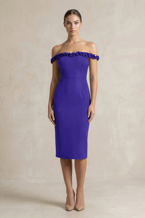 Off - the - Shoulder Sheath Ruffled Midi Bridesmaid Dress in Tahiti - KissProm Bridesmaid Dresses