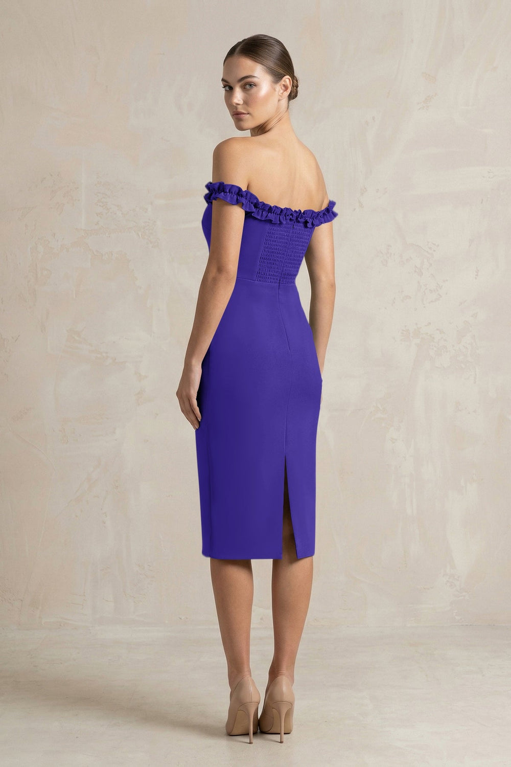 Off - the - Shoulder Sheath Ruffled Midi Bridesmaid Dress in Tahiti - KissProm Bridesmaid Dresses
