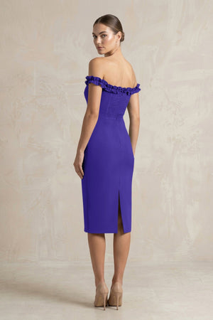 Off - the - Shoulder Sheath Ruffled Midi Bridesmaid Dress in Tahiti - KissProm Bridesmaid Dresses