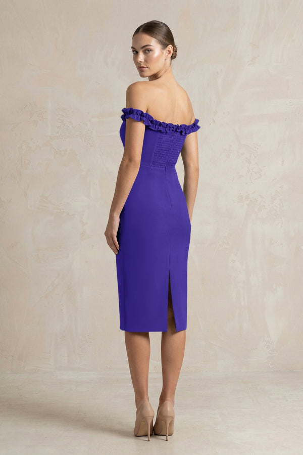 Off - the - Shoulder Sheath Ruffled Midi Bridesmaid Dress in Tahiti - KissProm Bridesmaid Dresses