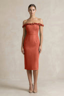 Off - the - Shoulder Sheath Ruffled Midi Bridesmaid Dress in Terracotta - KissProm Bridesmaid Dresses