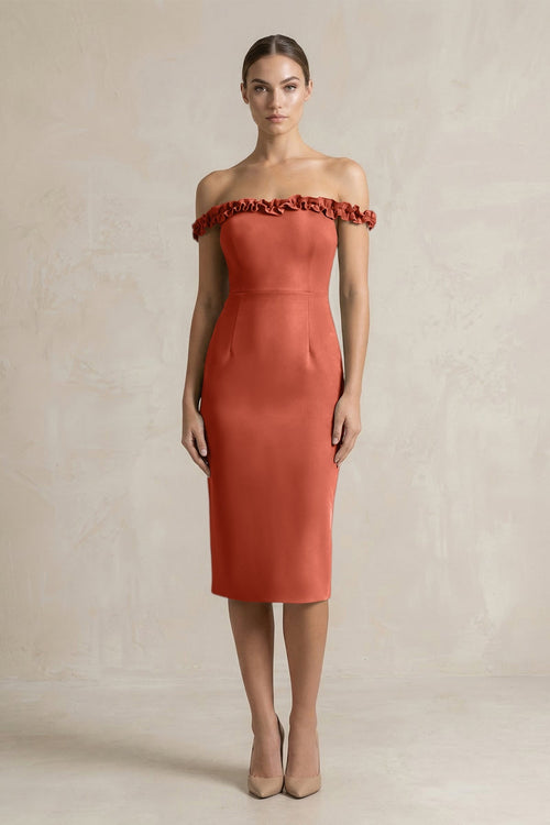 satin terracotta bridesmaid dresses Bellamy Modern V Neck Slit Floor Length Satin Bridesmaid Dresses, Terracotta