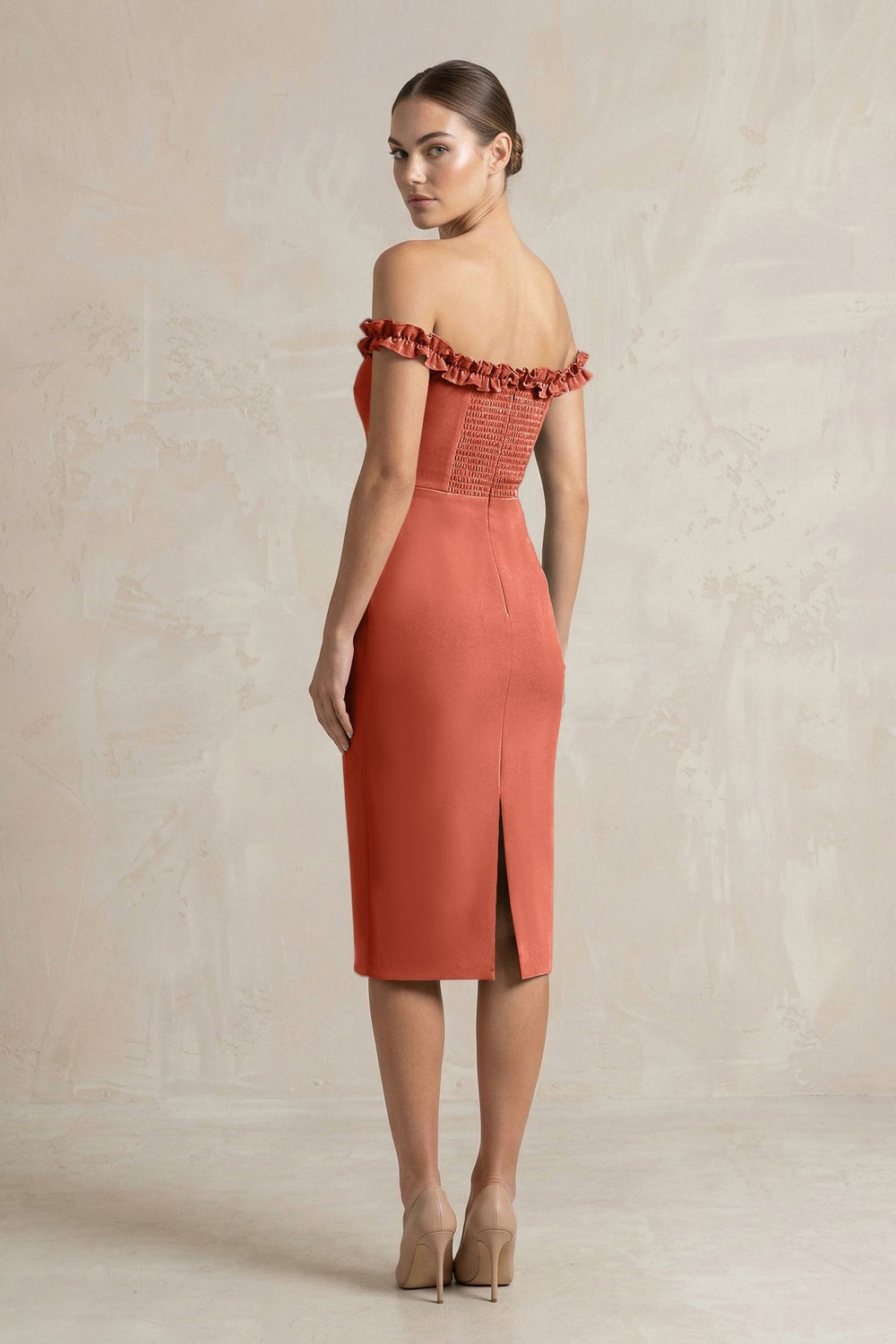 Off - the - Shoulder Sheath Ruffled Midi Bridesmaid Dress in Terracotta - KissProm Bridesmaid Dresses