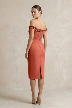 Off - the - Shoulder Sheath Ruffled Midi Bridesmaid Dress in Terracotta - KissProm Bridesmaid Dresses