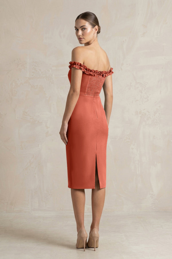 Off - the - Shoulder Sheath Ruffled Midi Bridesmaid Dress in Terracotta - KissProm Bridesmaid Dresses