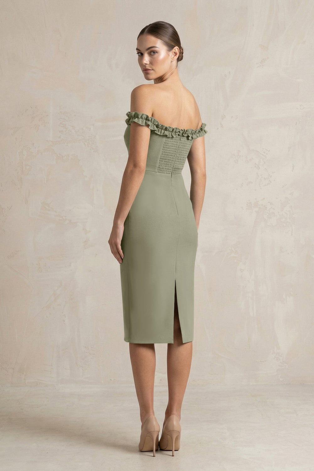 Off - the - Shoulder Sheath Ruffled Midi Bridesmaid Dress in Thyme - KissProm Bridesmaid Dresses