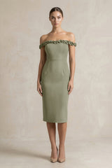 Off - the - Shoulder Sheath Ruffled Midi Bridesmaid Dress in Thyme - KissProm Bridesmaid Dresses