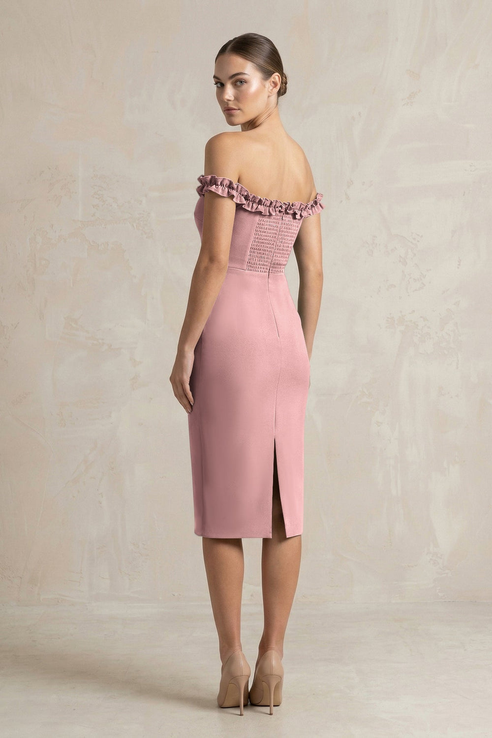 Off - the - Shoulder Sheath Ruffled Midi Bridesmaid Dress in Toffee - KissProm Bridesmaid Dresses