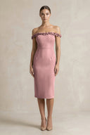 Off - the - Shoulder Sheath Ruffled Midi Bridesmaid Dress in Toffee - KissProm Bridesmaid Dresses