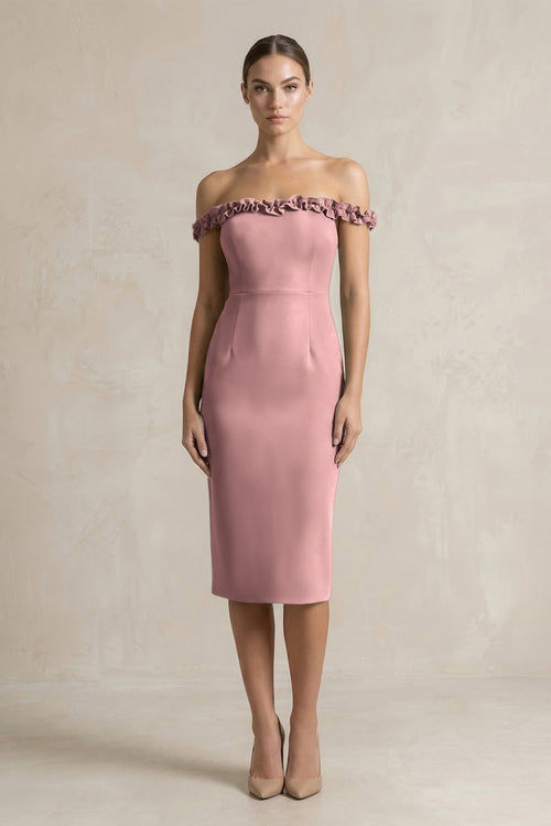 Off - the - Shoulder Sheath Ruffled Midi Bridesmaid Dress in Toffee - KissProm Bridesmaid Dresses
