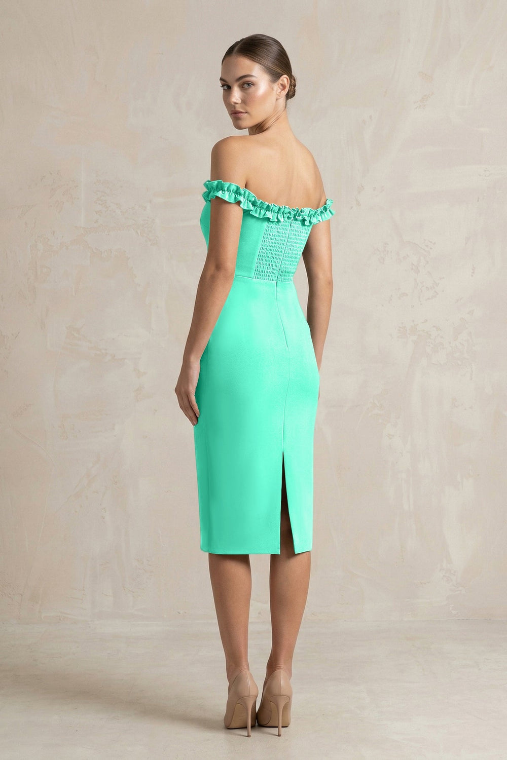 Off - the - Shoulder Sheath Ruffled Midi Bridesmaid Dress in Turquoise - KissProm Bridesmaid Dresses