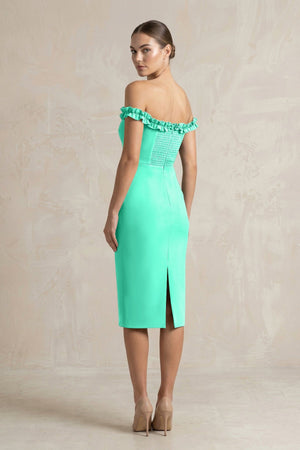 Off - the - Shoulder Sheath Ruffled Midi Bridesmaid Dress in Turquoise - KissProm Bridesmaid Dresses