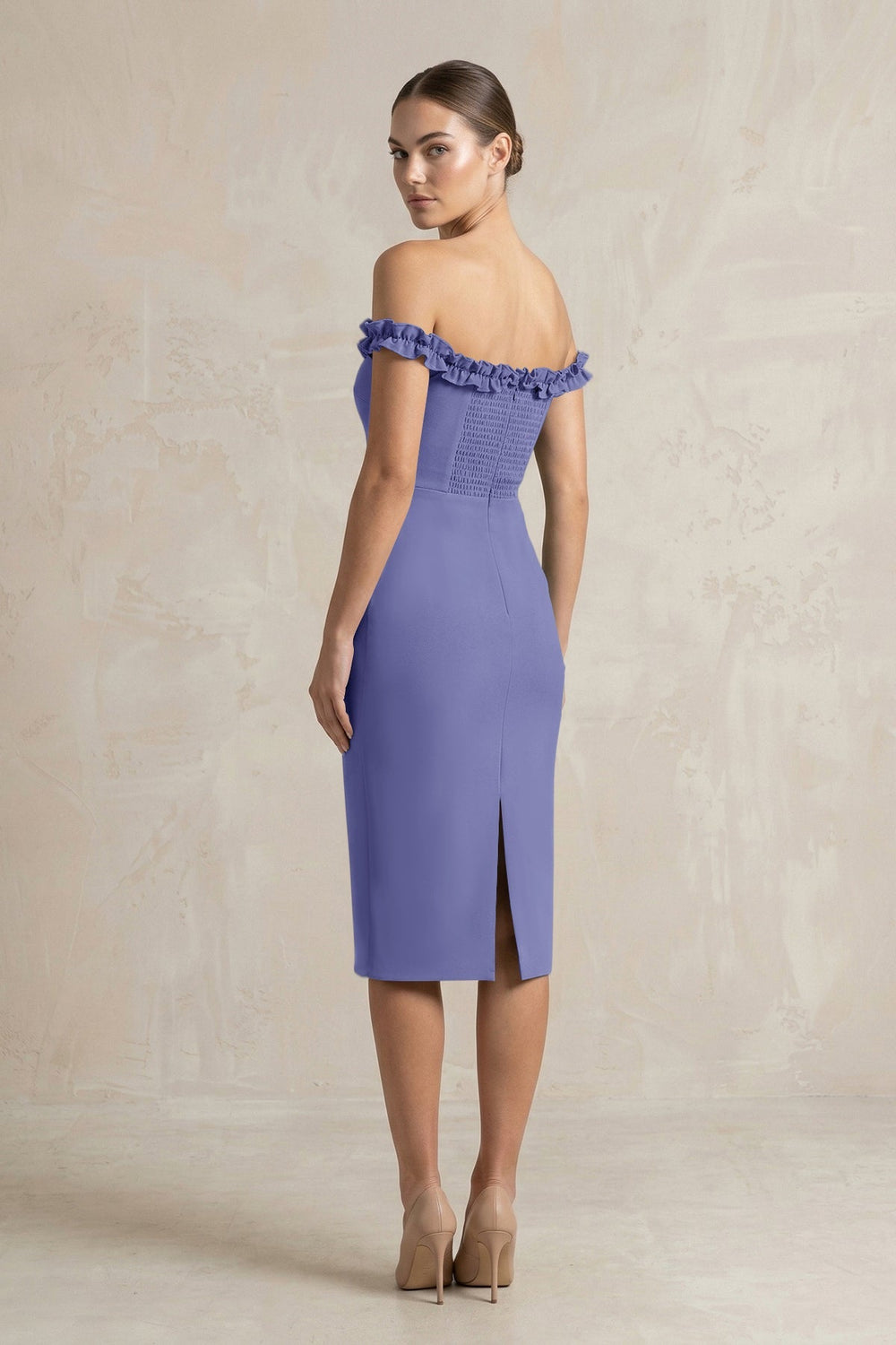 Off - the - Shoulder Sheath Ruffled Midi Bridesmaid Dress in Twilight - KissProm Bridesmaid Dresses