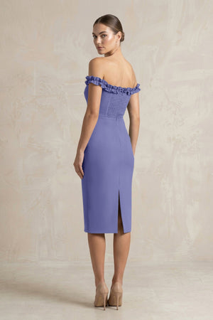 Off - the - Shoulder Sheath Ruffled Midi Bridesmaid Dress in Twilight - KissProm Bridesmaid Dresses