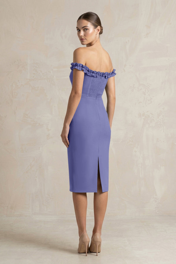 Off - the - Shoulder Sheath Ruffled Midi Bridesmaid Dress in Twilight - KissProm Bridesmaid Dresses