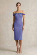 Off - the - Shoulder Sheath Ruffled Midi Bridesmaid Dress in Twilight - KissProm Bridesmaid Dresses
