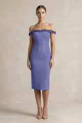 Off - the - Shoulder Sheath Ruffled Midi Bridesmaid Dress in Twilight - KissProm Bridesmaid Dresses