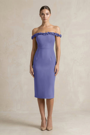 Off - the - Shoulder Sheath Ruffled Midi Bridesmaid Dress in Twilight - KissProm Bridesmaid Dresses