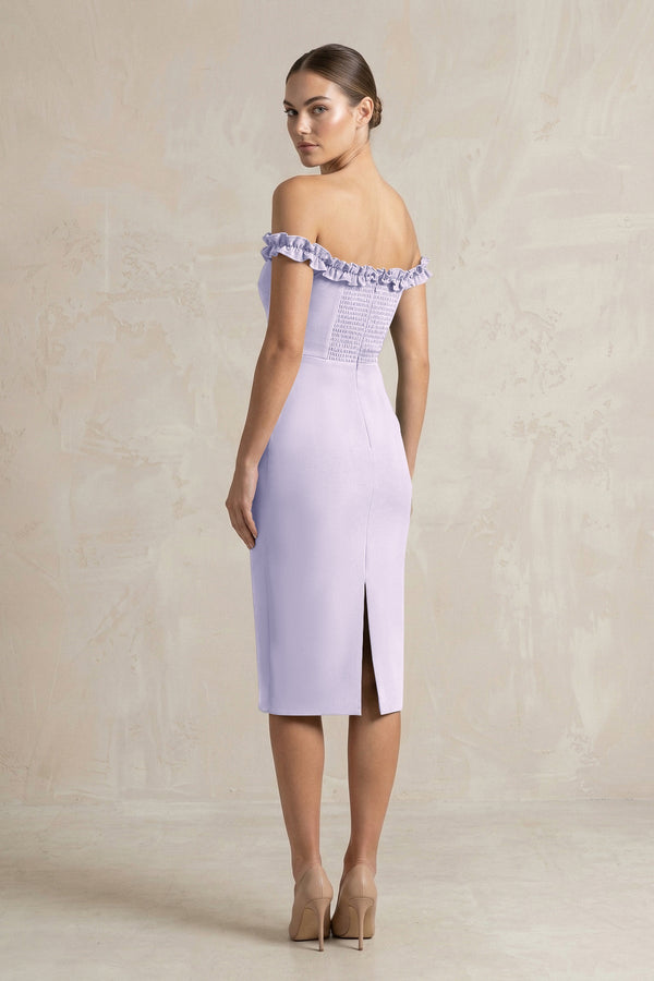 Off - the - Shoulder Sheath Ruffled Midi Bridesmaid Dress in Vintage Mauve - KissProm Bridesmaid Dresses