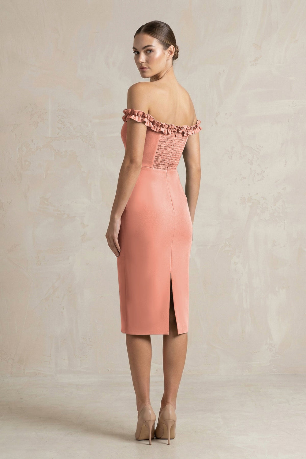 Off - the - Shoulder Sheath Ruffled Midi Bridesmaid Dress in Wild Rose - KissProm Bridesmaid Dresses