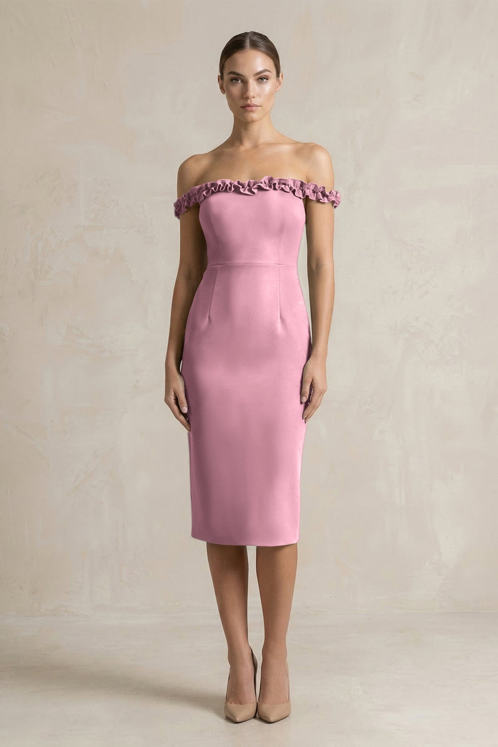 Off - the - Shoulder Sheath Ruffled Midi Bridesmaid Dress in Wisteria - KissProm Bridesmaid Dresses
