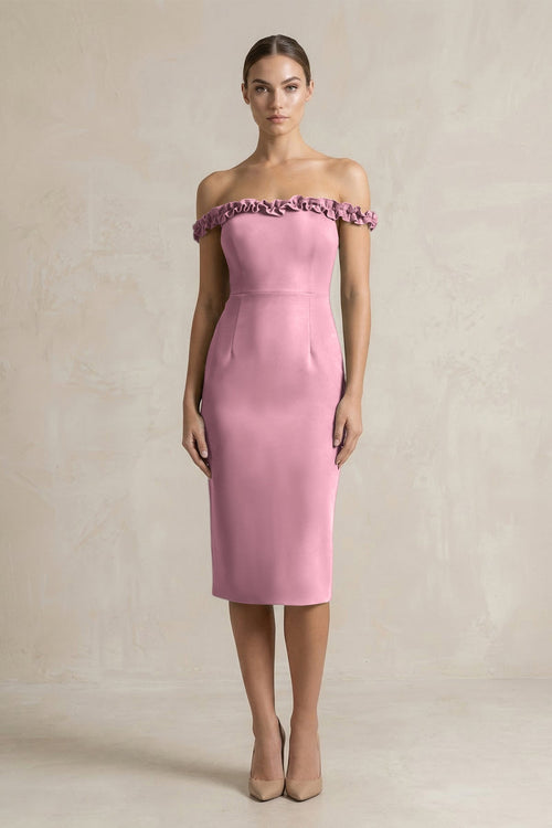 Off - the - Shoulder Sheath Ruffled Midi Bridesmaid Dress in Wisteria - KissProm Bridesmaid Dresses