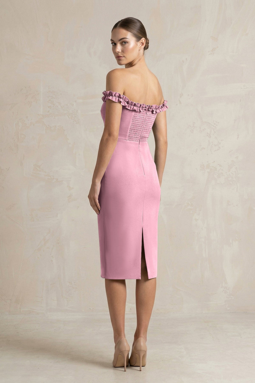 Off - the - Shoulder Sheath Ruffled Midi Bridesmaid Dress in Wisteria - KissProm Bridesmaid Dresses