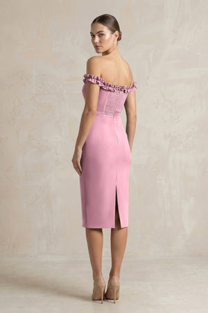 Off - the - Shoulder Sheath Ruffled Midi Bridesmaid Dress in Wisteria - KissProm Bridesmaid Dresses