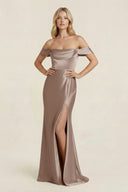 Off - the - Shoulder Sheath Satin Bridesmaid Dress with Slit in Almond - KissProm Bridesmaid Dresses