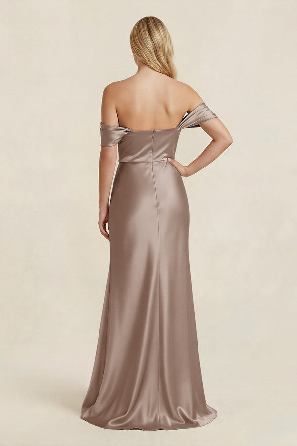 Off - the - Shoulder Sheath Satin Bridesmaid Dress with Slit in Almond - KissProm Bridesmaid Dresses