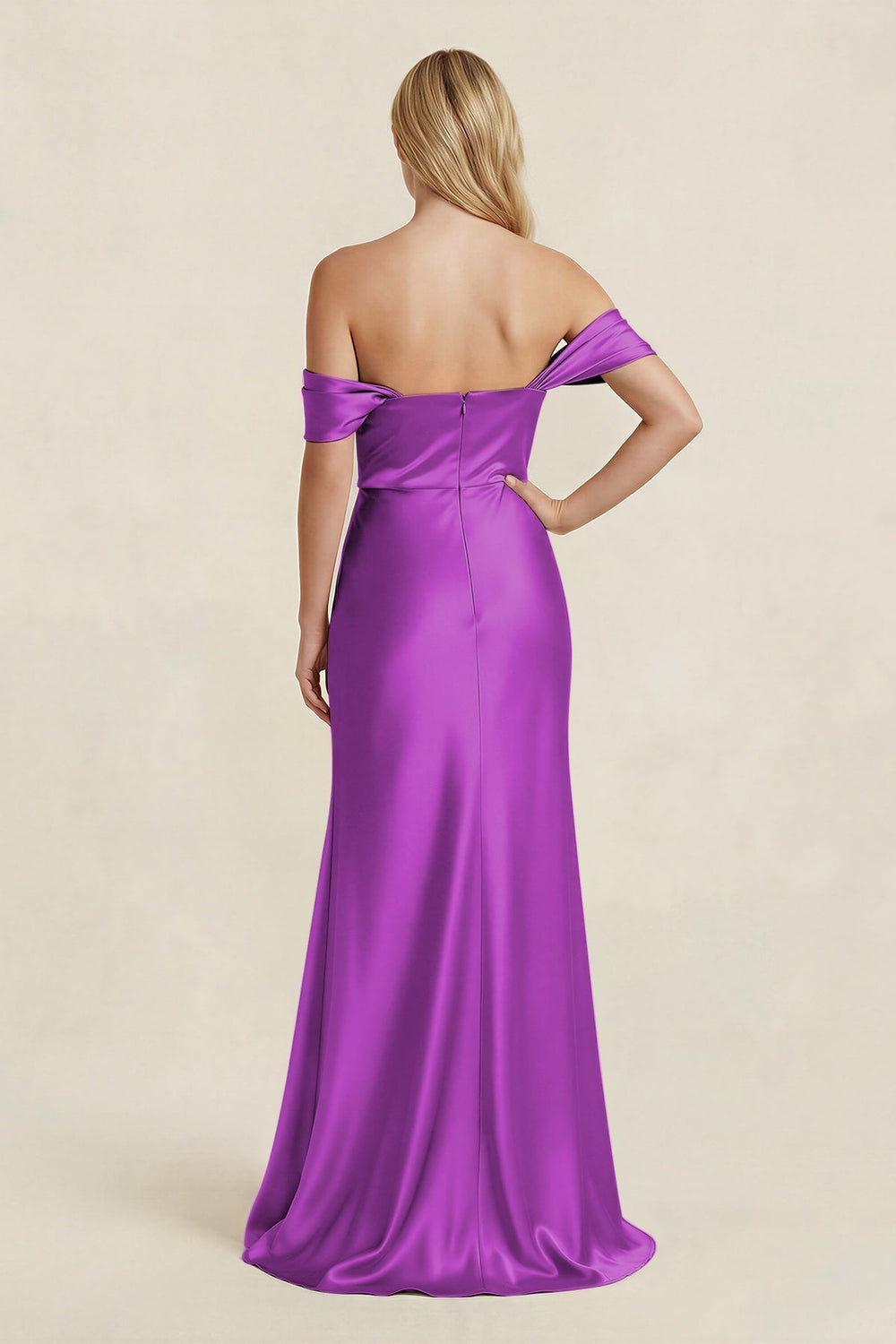 Off - the - Shoulder Sheath Satin Bridesmaid Dress with Slit in Amethyst - KissProm Bridesmaid Dresses