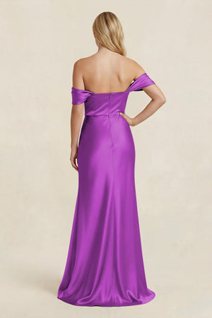 Off - the - Shoulder Sheath Satin Bridesmaid Dress with Slit in Amethyst - KissProm Bridesmaid Dresses