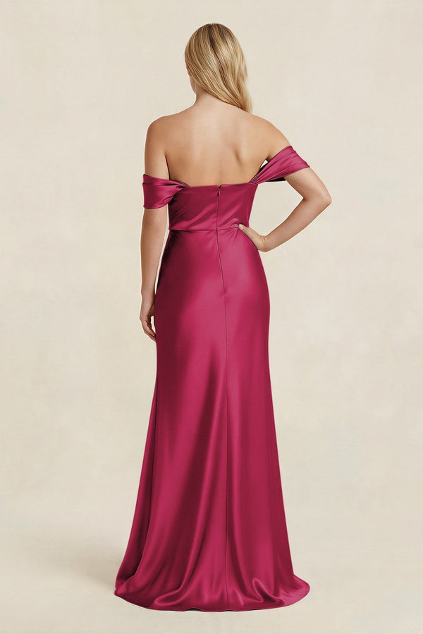 Off - the - Shoulder Sheath Satin Bridesmaid Dress with Slit in Berry - KissProm Bridesmaid Dresses