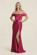 Off - the - Shoulder Sheath Satin Bridesmaid Dress with Slit in Berry - KissProm Bridesmaid Dresses
