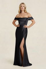 Off - the - Shoulder Sheath Satin Bridesmaid Dress with Slit in Black - KissProm Bridesmaid Dresses