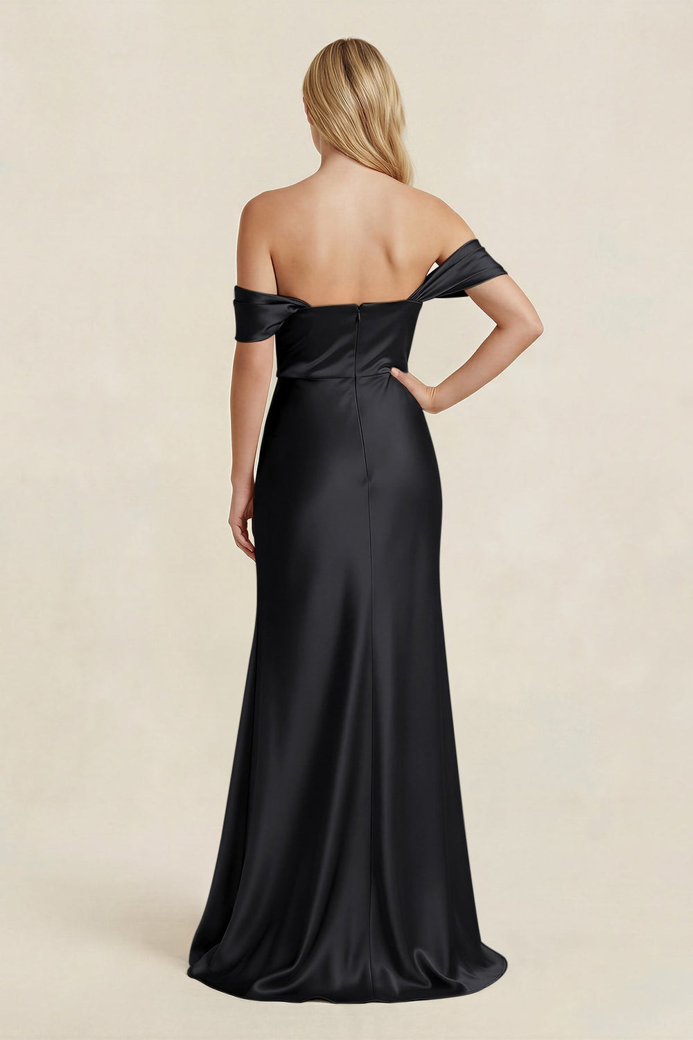 Off - the - Shoulder Sheath Satin Bridesmaid Dress with Slit in Black - KissProm Bridesmaid Dresses