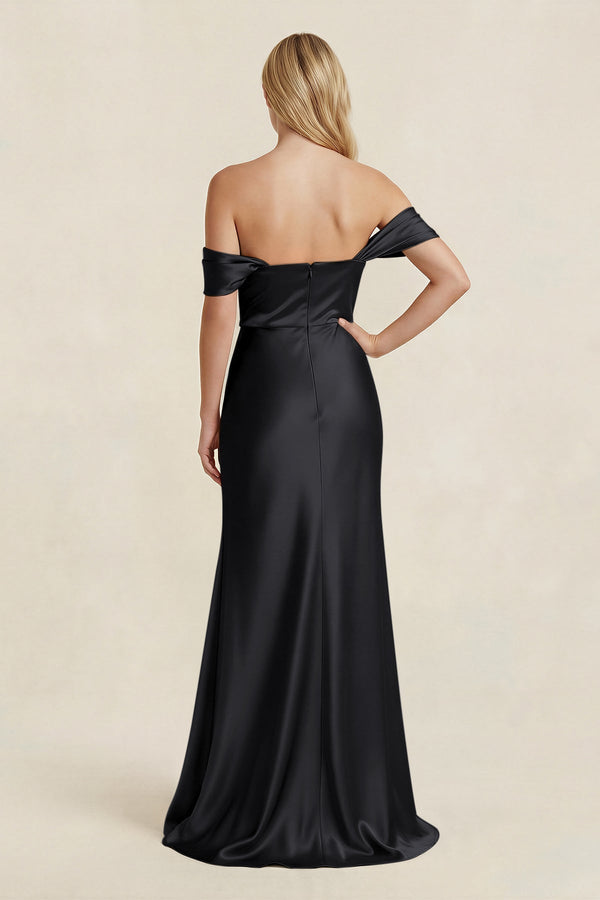 Off - the - Shoulder Sheath Satin Bridesmaid Dress with Slit in Black - KissProm Bridesmaid Dresses