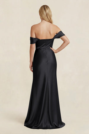 Off - the - Shoulder Sheath Satin Bridesmaid Dress with Slit in Black - KissProm Bridesmaid Dresses