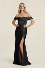 Off - the - Shoulder Sheath Satin Bridesmaid Dress with Slit in Black - KissProm Bridesmaid Dresses