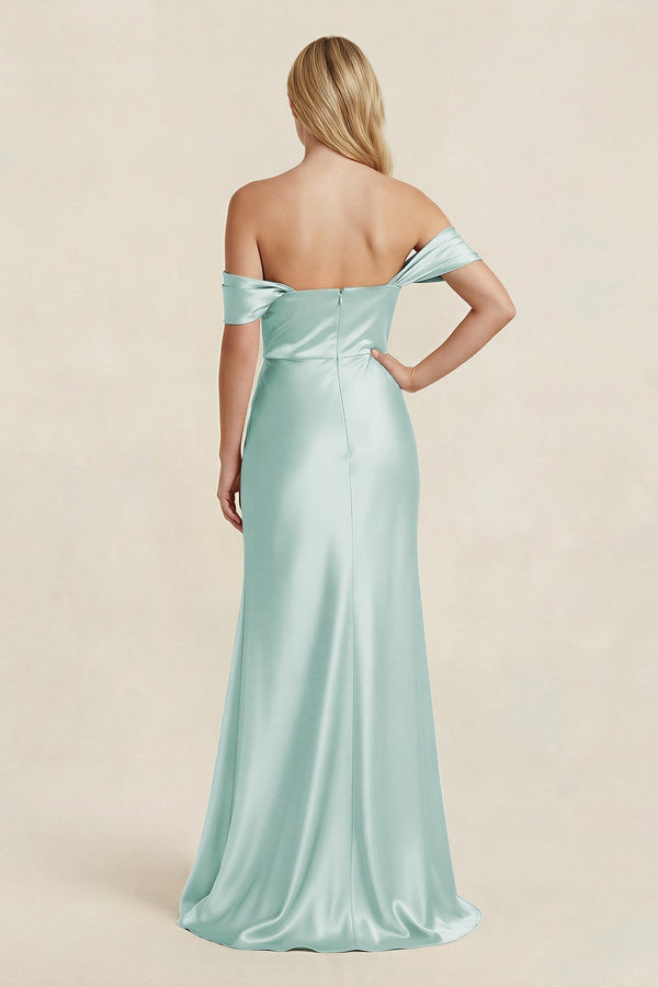Off - the - Shoulder Sheath Satin Bridesmaid Dress with Slit in Bleached Aqua - KissProm Bridesmaid Dresses