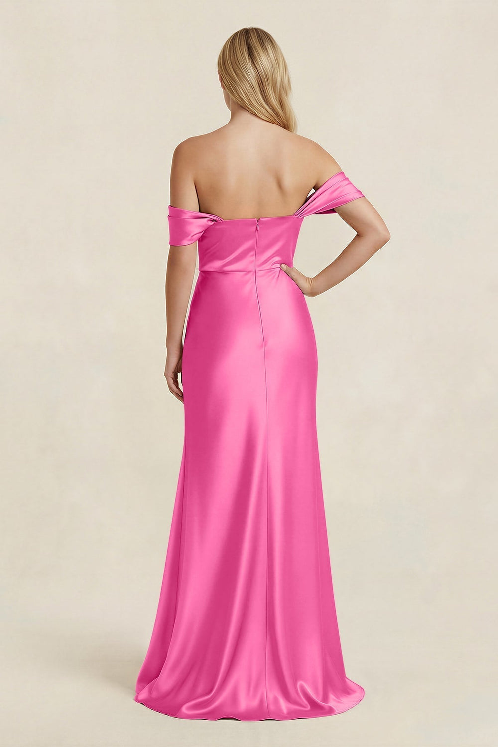 Off - the - Shoulder Sheath Satin Bridesmaid Dress with Slit in Bon Bon Pink - KissProm Bridesmaid Dresses