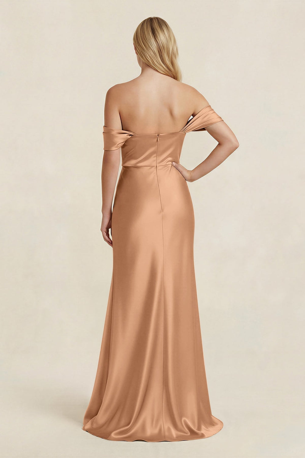 Off - the - Shoulder Sheath Satin Bridesmaid Dress with Slit in Bronzer - KissProm Bridesmaid Dresses