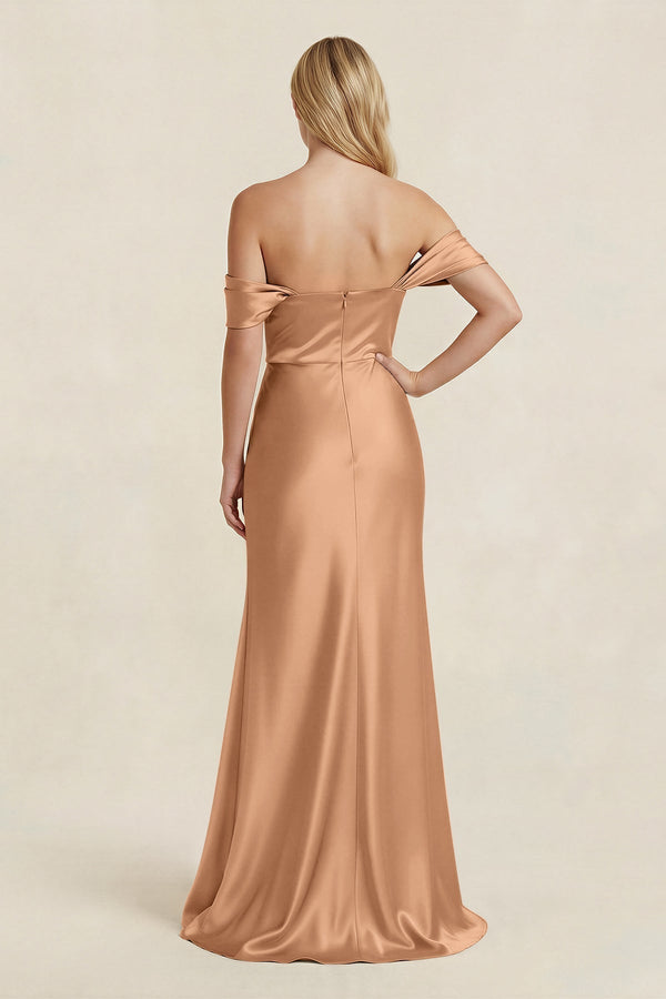 Off - the - Shoulder Sheath Satin Bridesmaid Dress with Slit in Bronzer - KissProm Bridesmaid Dresses